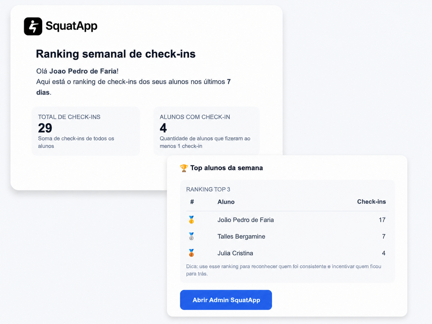 Check-ins e ranking dos alunos no SquatApp